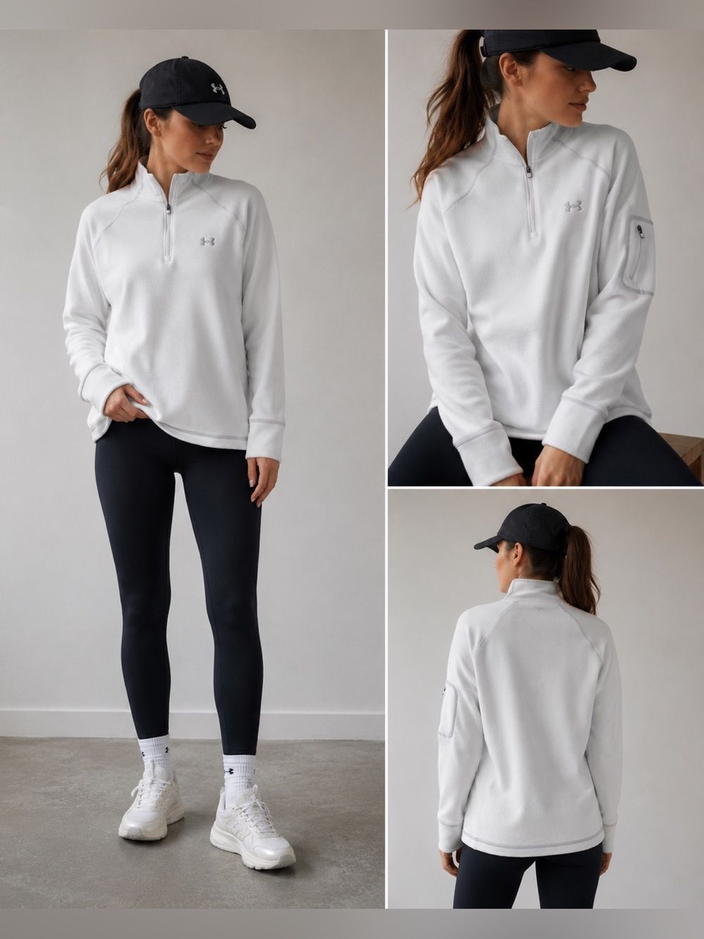 UNDER ARMOUR WOMEN'S FLEECE 1/4 ZIP TOP SHIRT WHITE SZ M EMBROIDERED SILVER LOGO